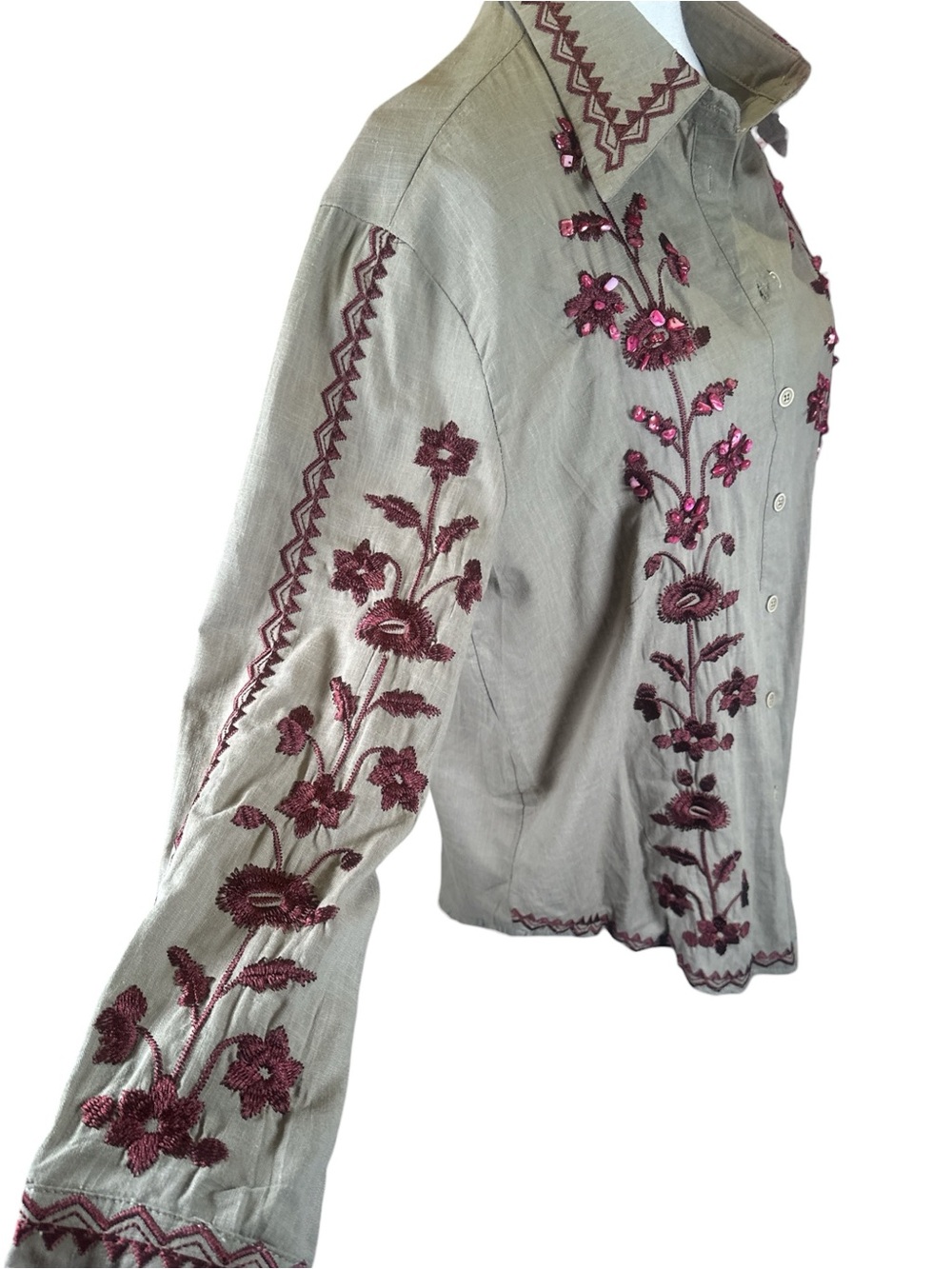 Galita Embroidered Olive Green Button-Up Shirt with Red Floral Accents NWT - Picture 5 of 12